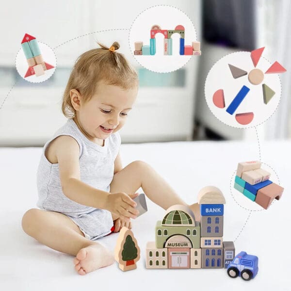 Wholesale Wooden Building Blocks Toy Macaron City Construction Blocks Educational Toy for Kids Montessori Urban Traffic Fun