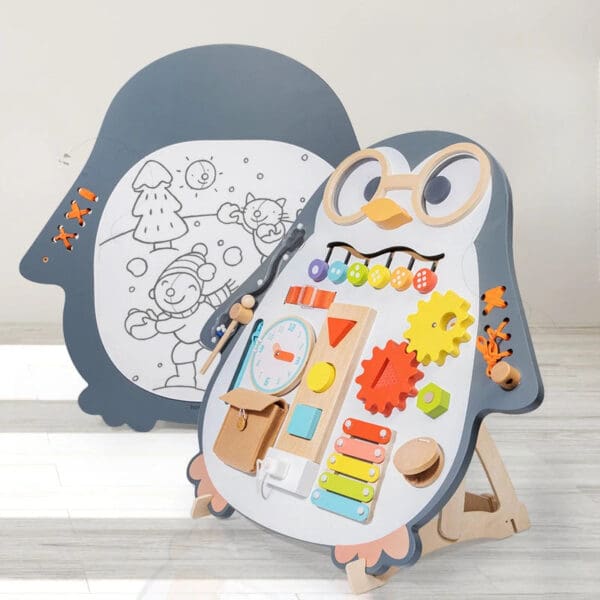Wholesale Wooden Busy Board Montessori Penguin Daily Skill Cognition Learning Toy for Kids Sensory Training Dropshipping