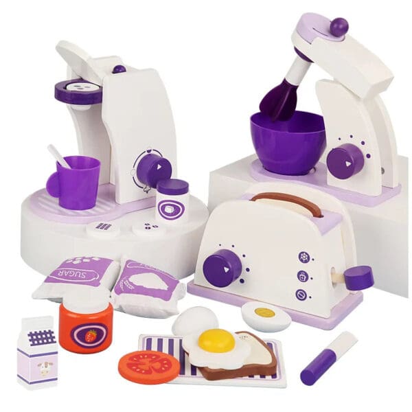 Wholesale Wooden Pretend Play Toys Purple Bread Machine Coffee Maker and Mixer Set Educational Toy for Kids Dropshipping