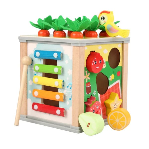 Wholesale Wooden Activity Cubes 6 in 1 Multifunctional Educational Toys Shape Matching Music and Pull Carrot for Kids