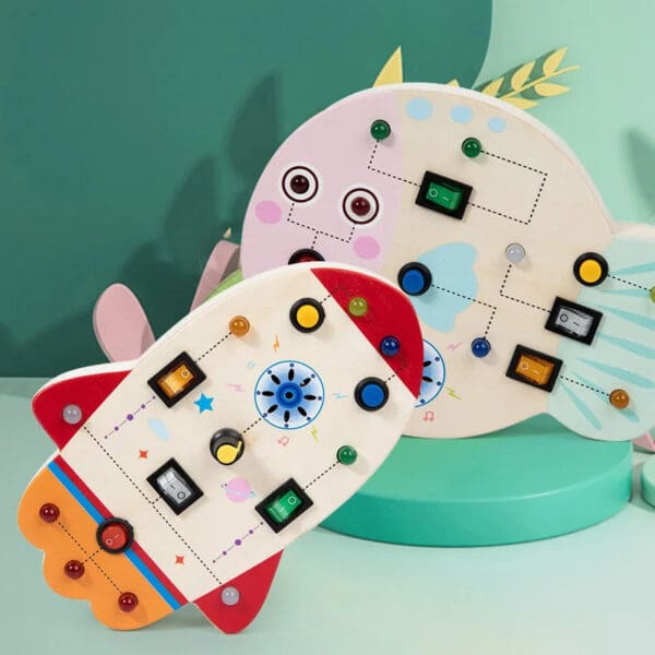 Wholesale Wooden Busy Board with Dinosaur and Rocket LED Lights Educational Toy for Kids Montessori Animal Shape Sensory Travel