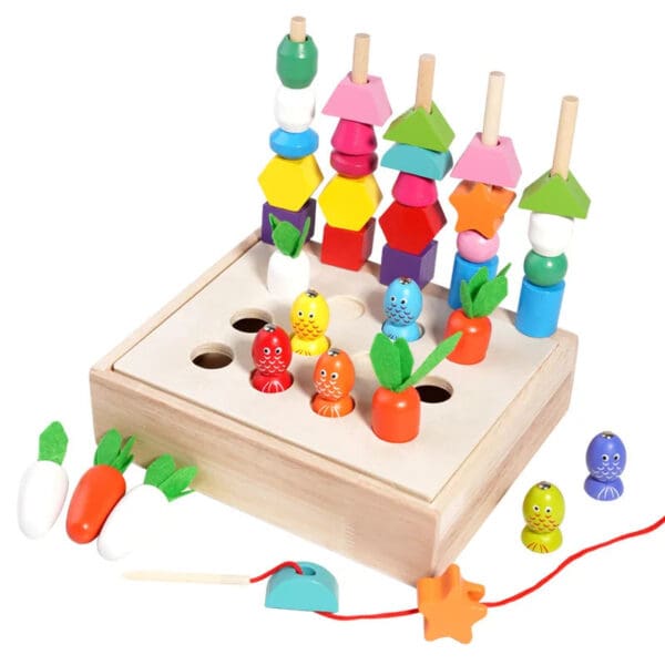 Wholesale Wooden Lacing Beads Fishing Radish Set Montessori Educational Toy for Kids Sequencing Stacking Block and Color Sorting
