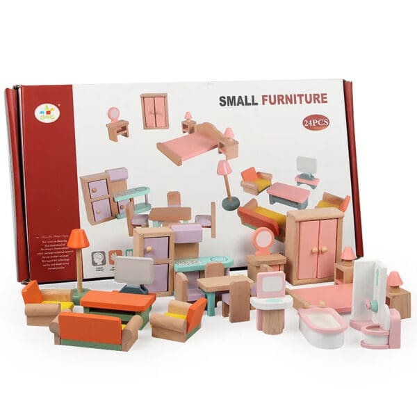 Wholesale Wooden Pretend Play Toys Small Furniture Set for Kids Role Playing Toy for Girls Montessori Dollhouse Simulation Fun
