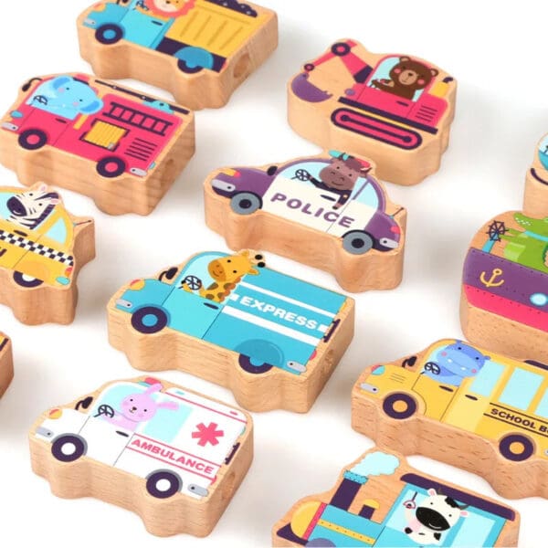 Wholesale Wooden Threading Toys Educational Sensory Toy for Kids Colorful Beads Stringing Block Game with Traffic and Animal