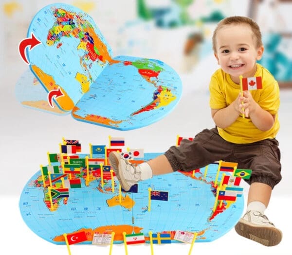 Wholesale Wooden World Map Toy 3D Educational Toy with 36 Country Flags for Kids Geographical Knowledge Dropshipping