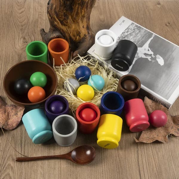 Wholesale Wooden Color Matching Game 12 Color Balls and Cups Preschool Educational Toys Montessori Aids for Kids