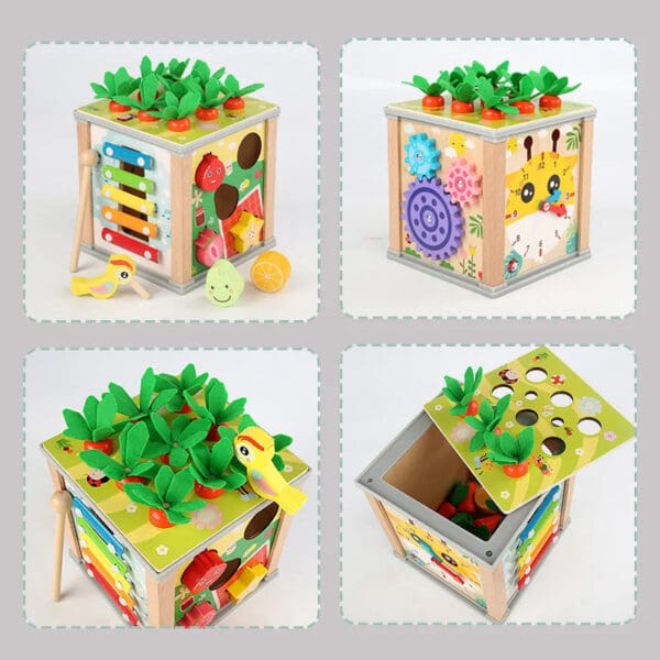 Wholesale Wooden Activity Cubes 6 in 1 Multifunctional Educational Toys Shape Matching Music and Pull Carrot for Kids