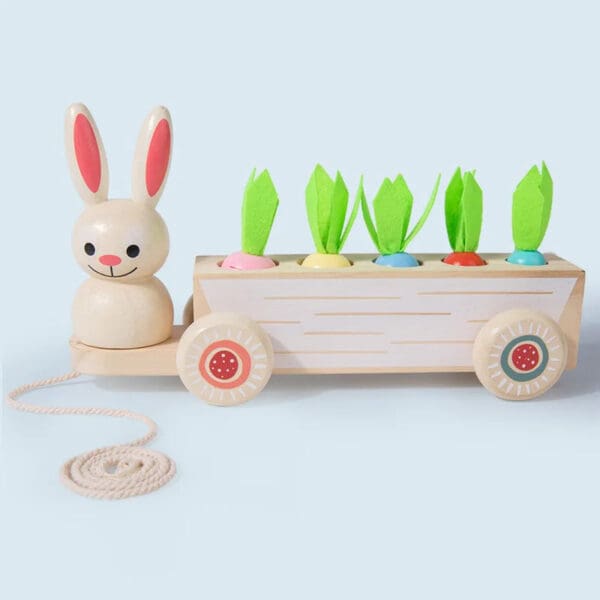 Wholesale Wooden Carrot Harvest Toy 2-in-1 Educational Toy for Kids Pulling Carrot Rabbit Cart and Matching Fruits Dropshipping