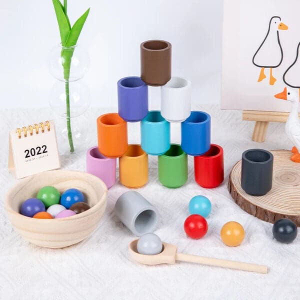 Wholesale Wooden Color Matching Game 12 Color Balls and Cups Preschool Educational Toys Montessori Aids for Kids