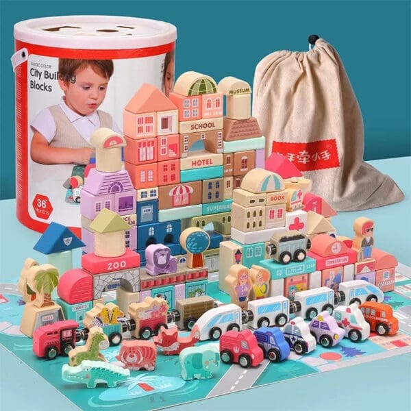 Wholesale Wooden Building Blocks Toy Macaron City Construction Blocks Educational Toy for Kids Montessori Urban Traffic Fun