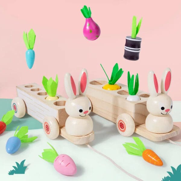 Wholesale Wooden Carrot Harvest Toy 2-in-1 Educational Toy for Kids Pulling Carrot Rabbit Cart and Matching Fruits Dropshipping