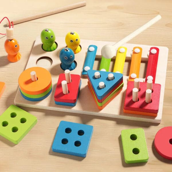 Wholesale Wooden Stacking Block Toys Fishing, Stacking, and Xylophone Educational Toy for Kids Color and Shape Recognition