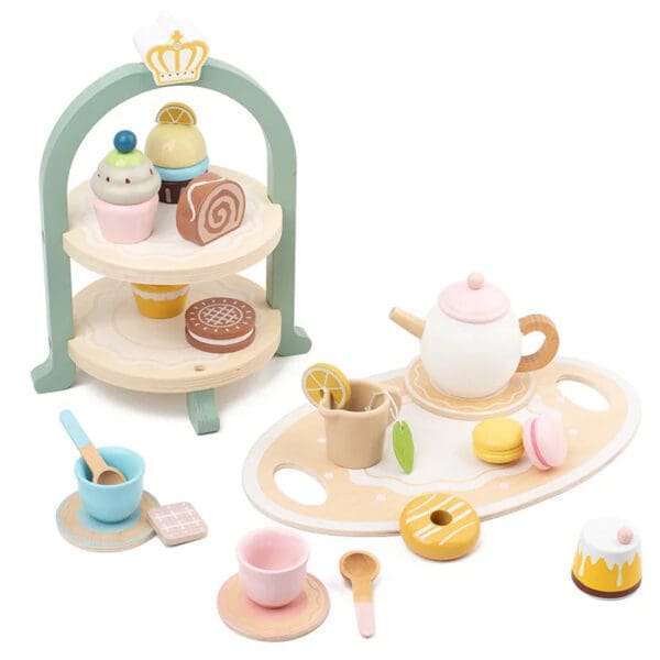 Wholesale Wooden Tea Party Set Role Play Toy with Ice Cream, Cake, and Garden Crown for Kids' Pretend Play