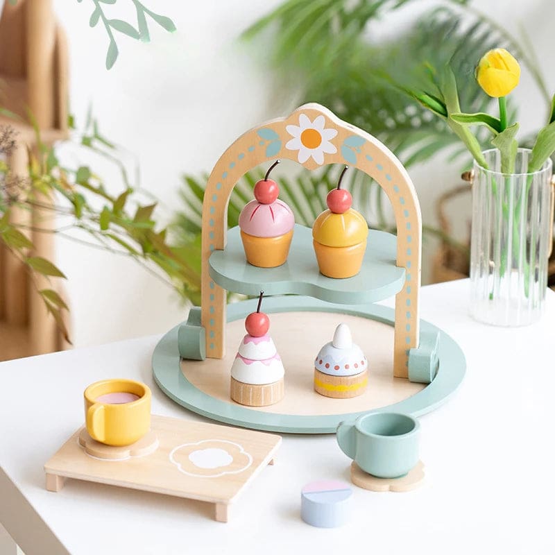 Wholesale Wooden Tea Party Set Role Play Toy with Ice Cream, Cake, and Garden Crown for Kids' Pretend Play