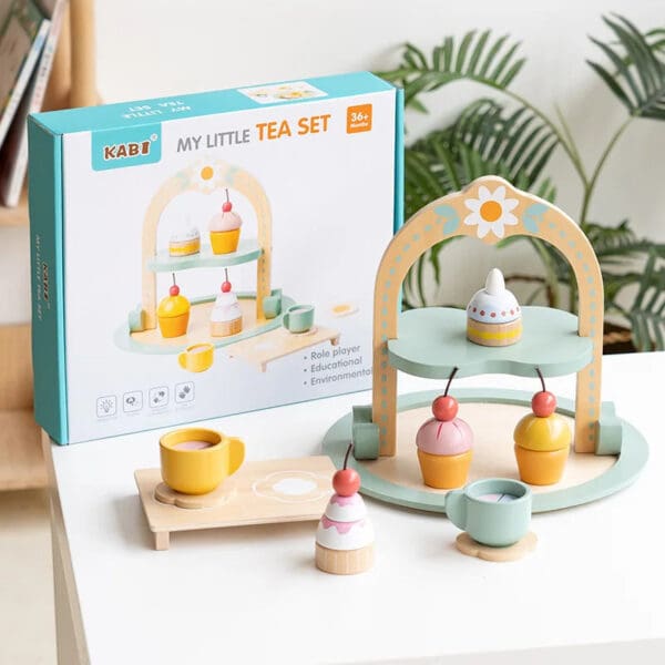 Wholesale Wooden Tea Party Set Role Play Toy with Ice Cream, Cake, and Garden Crown for Kids' Pretend Play