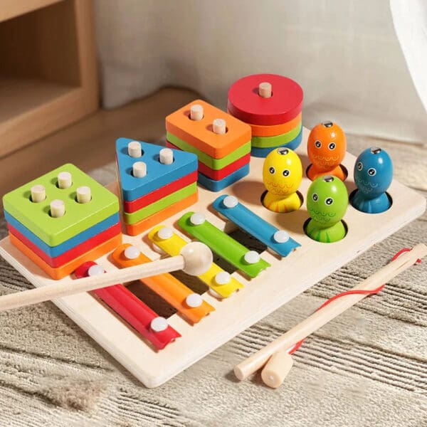 Wholesale Wooden Stacking Block Toys Fishing, Stacking, and Xylophone Educational Toy for Kids Color and Shape Recognition