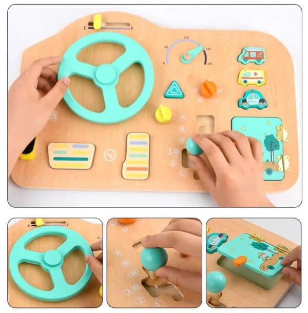Wholesale Wooden Busy Board Montessori Sensory Activity Toy for Kids Car Steering Wheel and Locking Features Dropshipping