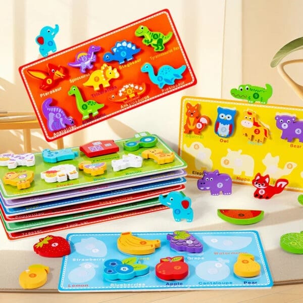 Wholesale Wooden Blocks Puzzle with Magic Sticker Educational Toy for Kids Number Animal Traffic Matching Board Montessori Fun